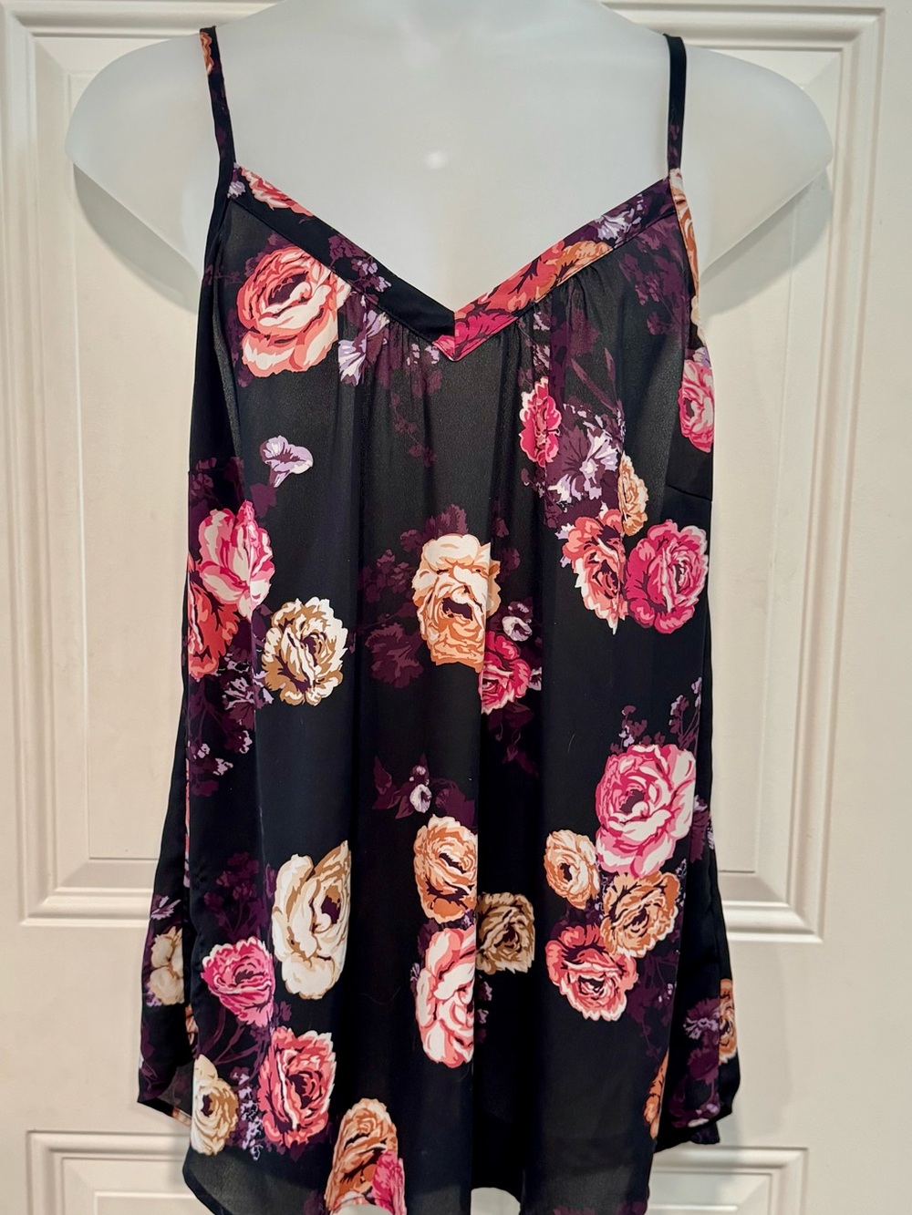 Torrid Swing Cami Black Floral V-Neck Tank with Pink, Purple & Peach Blooms